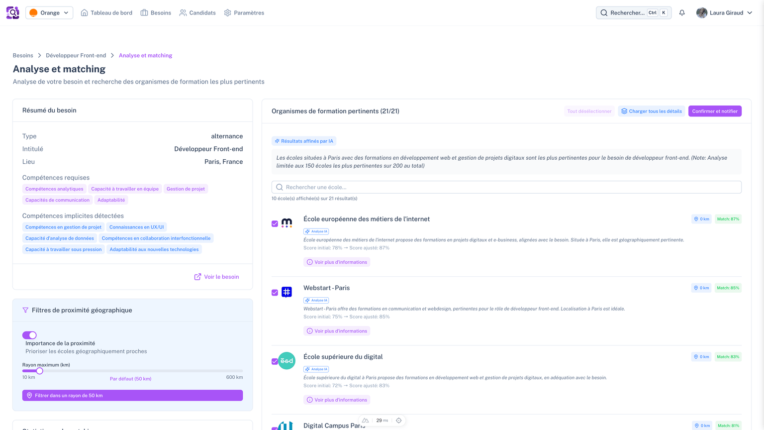 Analyse et matching des écoles pour jobs étudiants